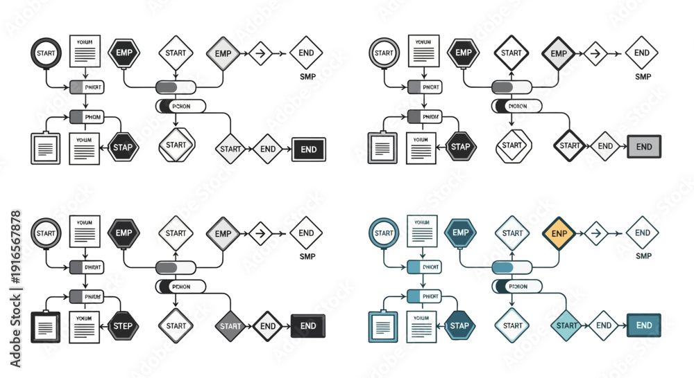 Diagrams illustrating a process flow with multiple variations in color ...
