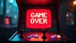 © Viktor - Vintage arcade machine shows game over screen with glowing red lights and joysticks. Old school gaming console displays end of play. Nostalgic recreation in dimly lit room.