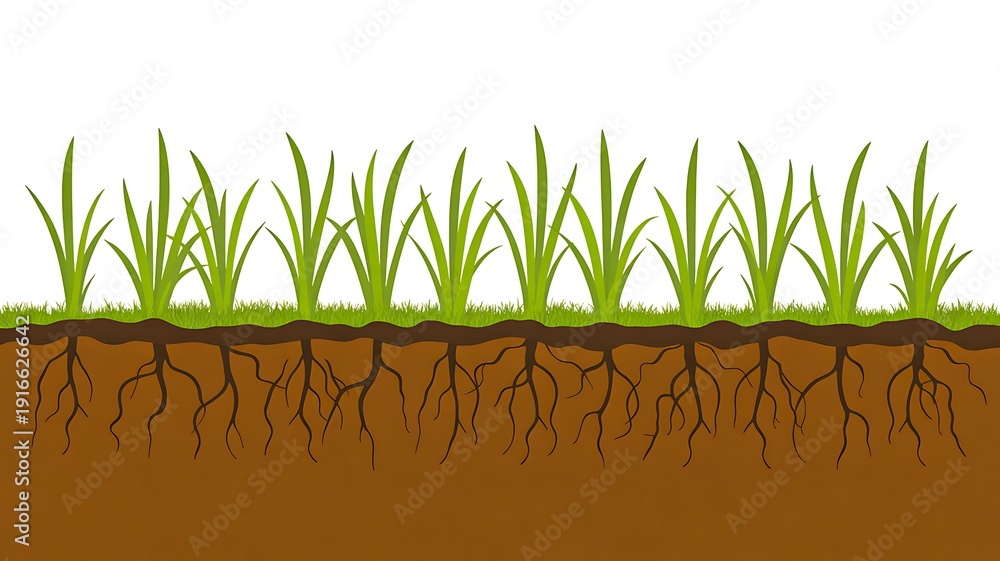 Green grass growth stages with visible roots in soil cross section ...