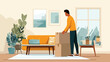 © talkative.studio - Man packing cardboard boxes in a living room with plants, sofa, and window view