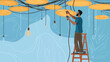 © talkative.studio - Man on ladder installs overhead lighting fixtures with tools and hanging bulbs