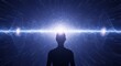 © Tarik GOK - A silhouette in a meditative pose features seven glowing chakras against a cosmic backdrop with horizontal light frequency waves.