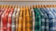 © 69 - Colorful Flannel Shirts Hanging Neatly on Wooden Hangers in a Stylish Display