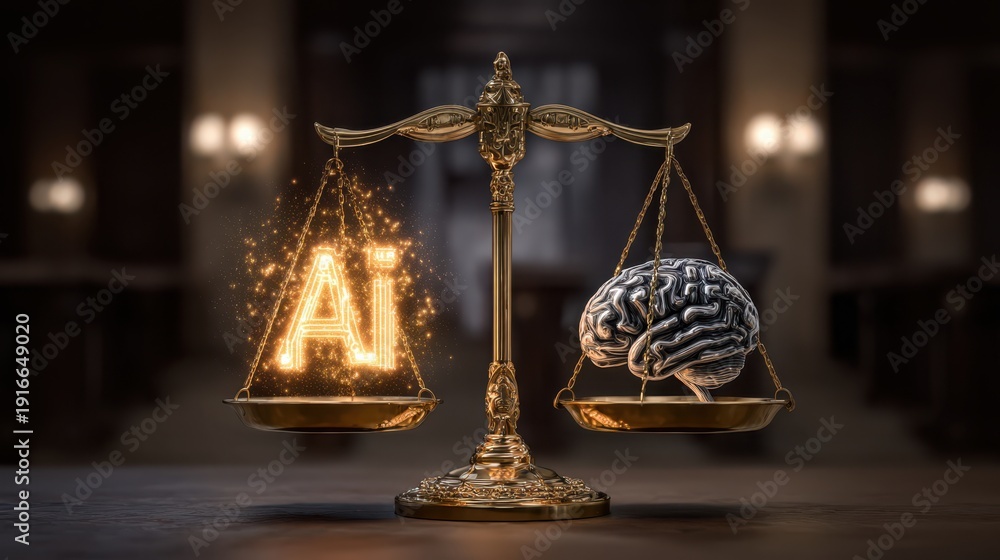 Gold balance scales hold glowing "AI" text on one side and a realistic ...