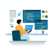 © JPbodyparts - Moderne Illustration eines Entwicklers am Computer – digitales Arbeitsumfeld mit Code, Software-Interface und Technologieelementen.