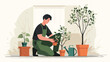 © Bocx - A person in an apron tends to potted plants indoors with a watering can nearby