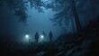 © Aisha - Three people with flashlights walking carefully in forest at night, searching for missing person, misty and mysterious environment