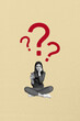 © deagreez - Composite zine poster trend collage of minded girl hold phone question mark ponder dilemma finding idea brainstorm concept