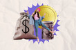 © deagreez - Trend artwork creative sketch photo collage of young lady dance rich dollars bag coins banknote savings investment economy income market
