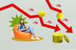 © deagreez - Photo collage artwork sketch of arrow forex investor inflation loss economy reduction percent young lady shocked sit beanbag work laptop