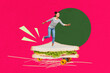 © deagreez - Template poster trend artwork 3D photo collage of young lady ride skateboard sandwich bread salad dinner culinary kitchen cook gourmet