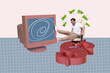 © deagreez - Trendy poster art collage of happy businessman businesswoman stand pc monitor dollar currency income capital aim achievement