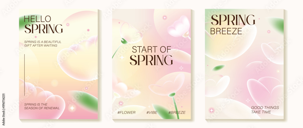 Spring flowers poster vector set. Botanical pastel gradient background ...