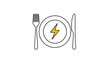 © Mohiuddin - Graphic symbol of a dinner plate with a fork and knife, featuring a yellow lightning bolt in the center to represent fast food service.