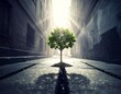 © Rian - A solitary vibrant green tree emerges from cracked urban concrete, illuminated by a radiant beam of light, symbolizing profound resilience, growth, and hope in challenging cityscapes