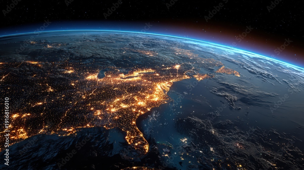 Planet Earth from Space at Night Showing North America with Glowing ...