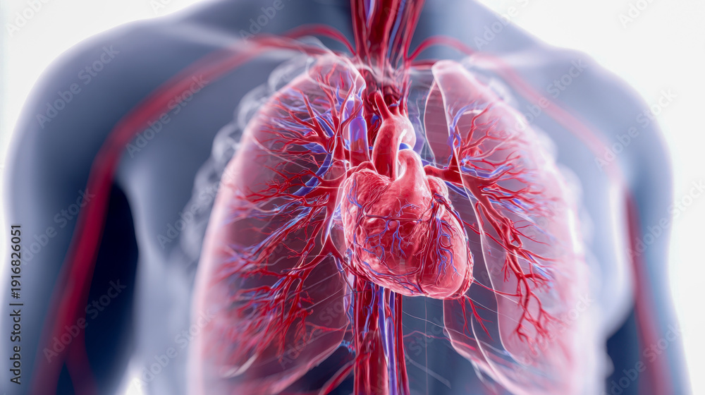 Detailed 3d medical illustration of the human heart and lung vascular ...