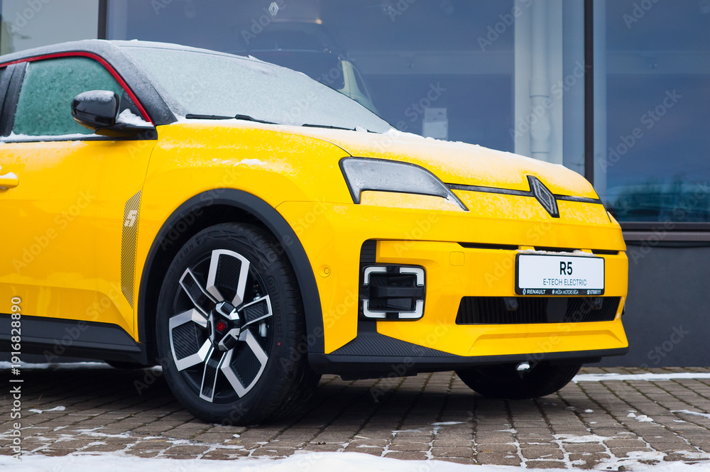 Yellow R5 Riga, Latvia - January 25, 2026: New yellow Renault R5 car near the ...