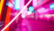 © Husen - Vibrant neon lights illuminate a blurred city street at dusk from a low-angle perspective