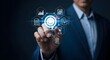 © abuzar - Goal setting and strategic focus using digital interface. businessman selecting target icon and strategy dashboard. strategic planning, performance tracking and digital business management for success