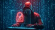 © Derry studio - A hooded figure typing on a laptop with a glowing red lock icon on the screen in a dark cyber environment