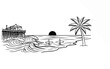 © Fera - A black and white line drawing depicts a tranquil beach scene at sunset with a pier