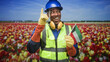 © Krakenimages.com - Man holding kuwait flag and pointing index finger up in tulip field, wearing hardhat and safety vest; pride celebration.