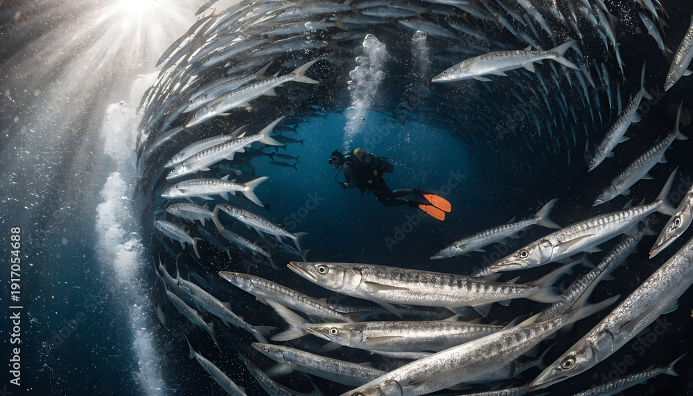 Ultra Realistic Underwater Photo of Scuba Diver in a Fish Tornado ...