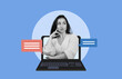 © Prostock-studio - A woman sits at a laptop with a thoughtful expression. Chat bubbles appear on the screen. The setting is modern and digital. The background is a solid blue tone.