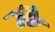 © Prostock-studio - People engaged with their devices. Each person appears to be in a different moment of connection and interaction. The background features a simple, bright color.