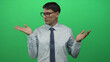 © Krakenimages.com - Hispanic man in white shirt wearing glasses and blue necktie spreads palms in green studio; uncertainty.