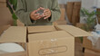 © Krakenimages.com - Man gently uses his hands to open a taped cardboard box inside a building; new beginning transition optimism.