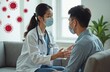 © Maryna - Doctor in lab coat with stethoscope and mask talks to patient wearing mask. Coronavirus icons float in air. Indoor clinic consultation about illness.