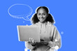 © Prostock-studio - A girl stands holding a laptop in front of a bright blue background. She smiles as she engages in a digital conversation, showing excitement and interest in the moment.
