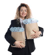 © New Africa - Businesswoman with bags full of money on white background