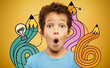 © Prostock-studio - A boy looks directly at the camera, mouth open in surprise. He has curly hair and wears a light blue shirt. The background is a vibrant yellow, adding to his expression of astonishment.