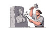 © Andri - Focused sculptor carefully carving a classical stone bust using a hammer and sharp chisel tools