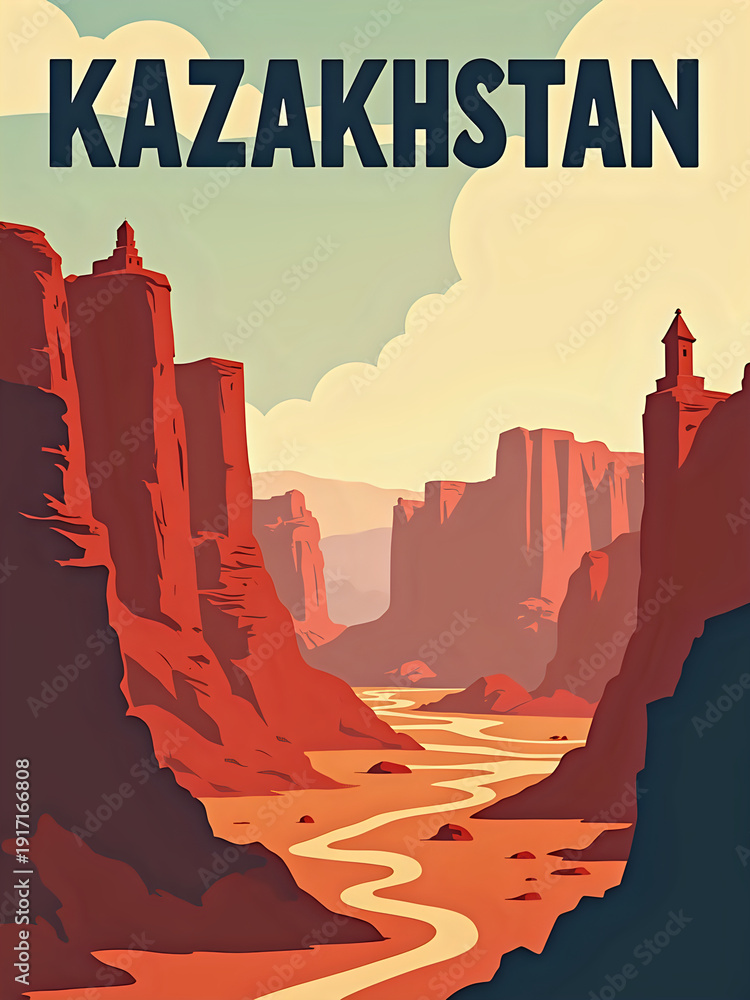 Canyons rise high on both sides of a winding river in Kazakhstan. The scene shows rock formations under a sky filled with clouds. Soft light highlights the shapes of the land.