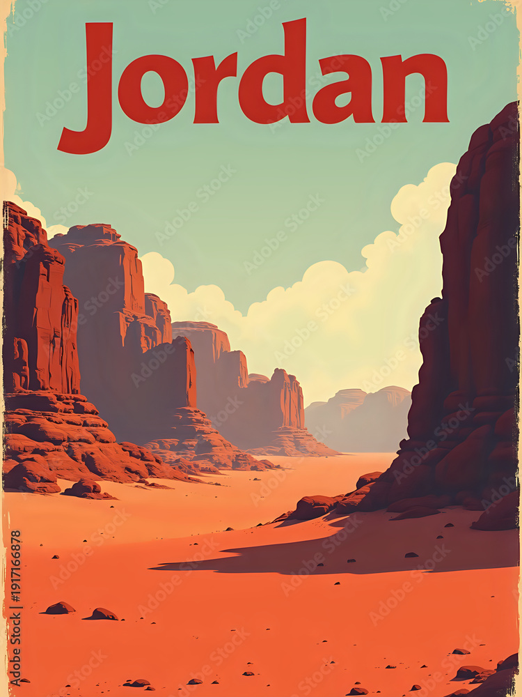 A vast desert landscape in Jordan. Tall rocky mountains rise on both sides, and the sand stretches far into the distance. Soft clouds float above the horizon.