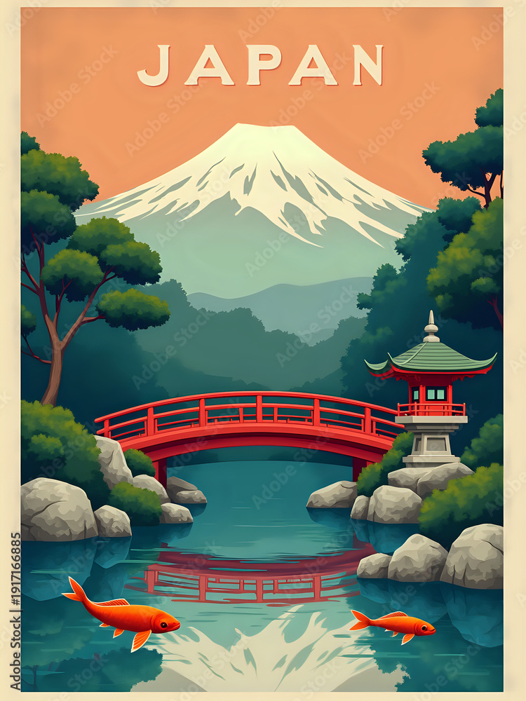 A peaceful scene shows Mount Fuji in the background. A red bridge arches over a pond with koi swimming. Trees and rocks surround the water. A small pagoda stands nearby, completing the garden view.