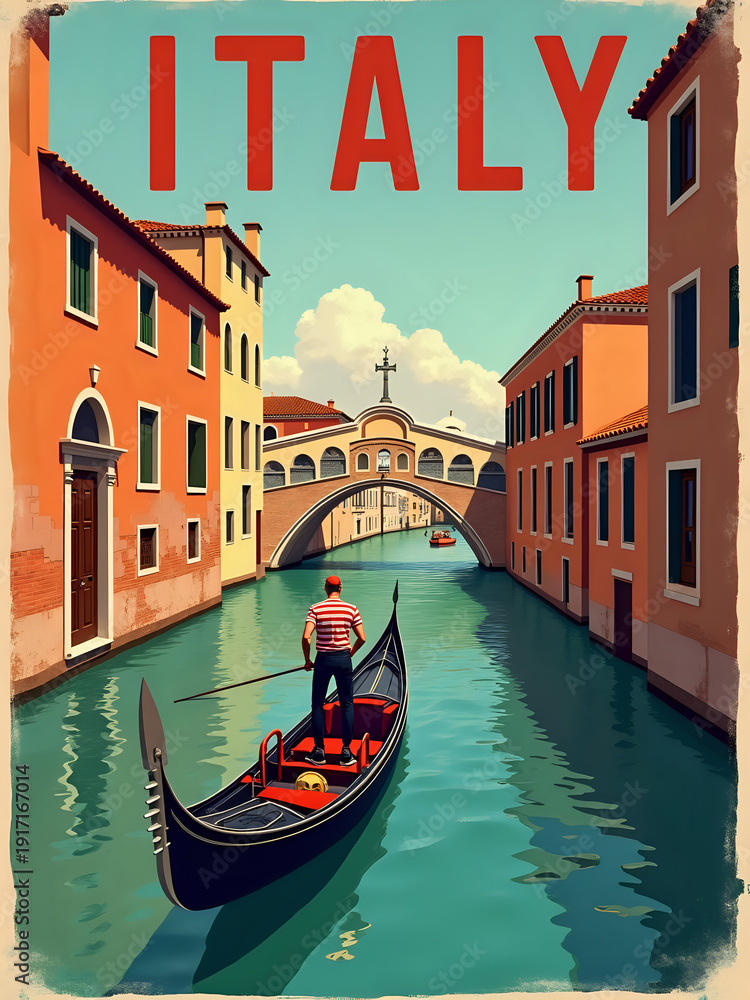 A person rows a gondola in a canal in Italy. Buildings line the sides of the canal with a bridge in the background. The sky is blue with some clouds. It is bright and sunny.