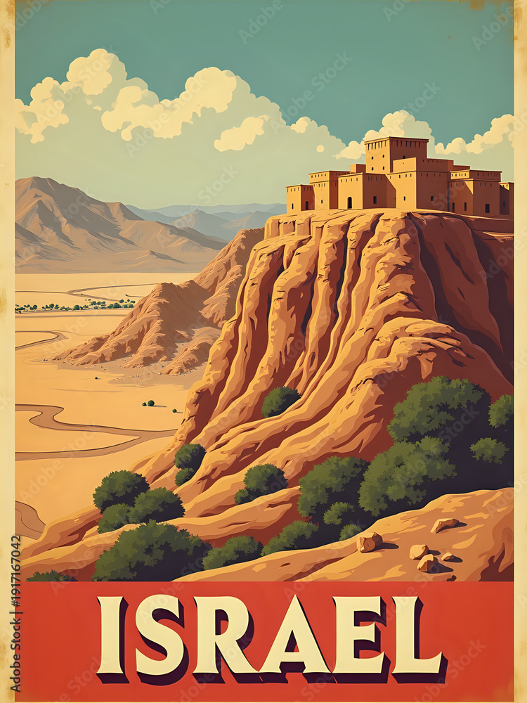 A large building sits on top of a steep rock in Israel. Surrounding areas include open desert and mountains. The sky is blue with clouds, showing a clear day in this historical location.