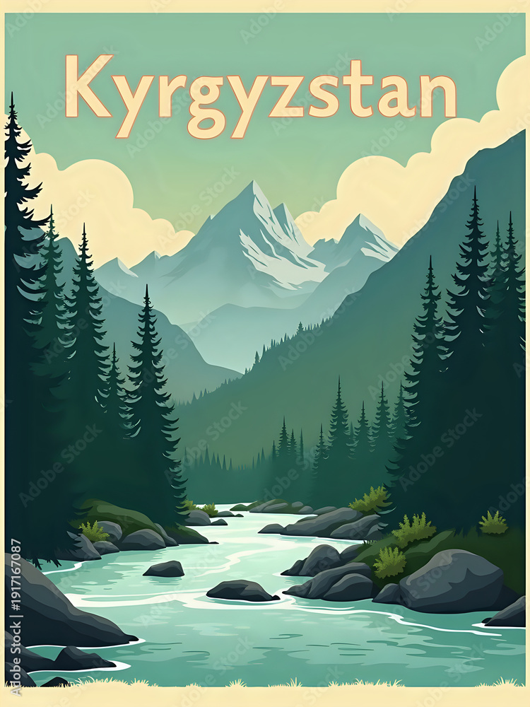 A river flows through a valley surrounded by tall pine trees and towering mountains in Kyrgyzstan. The scene shows nature with calm water and green scenery, creating a beautiful outdoor atmosphere.
