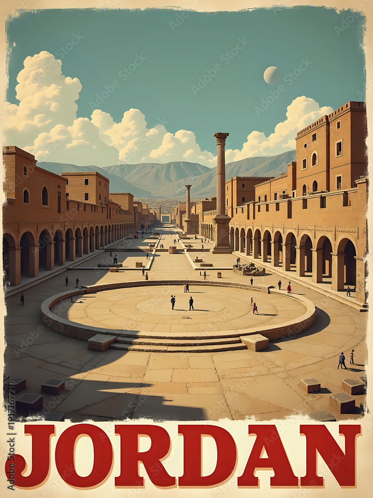 A view of a historic site in Jordan shows a spacious area with columns and a circular platform. People walk around the square while mountains and clouds fill the background.
