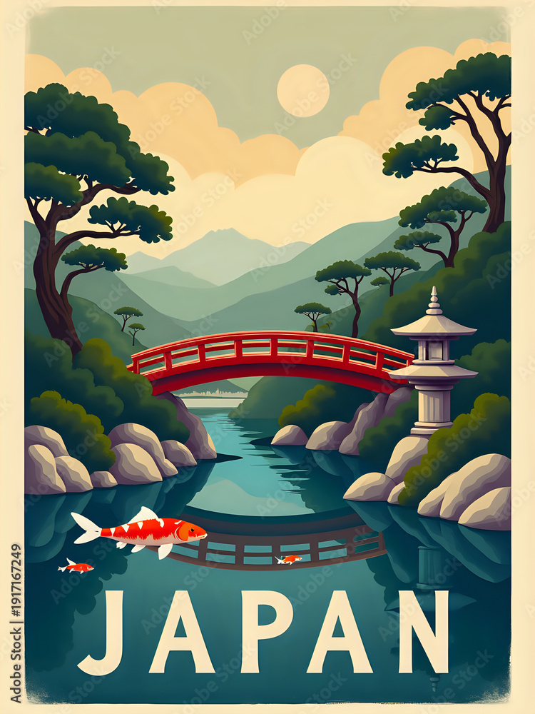 A red wooden bridge spans a flowing pond filled with koi fish. Tall trees and mountains surround the water. The sun shines brightly in the sky, reflecting on the surface of the pond.