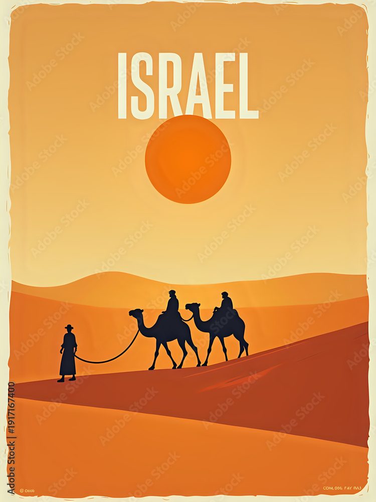 Two figures ride camels across a sandy landscape during sunset in Israel. The sun hangs low in the sky, creating a warm glow. The silhouettes of the riders and camels contrast with the horizon.