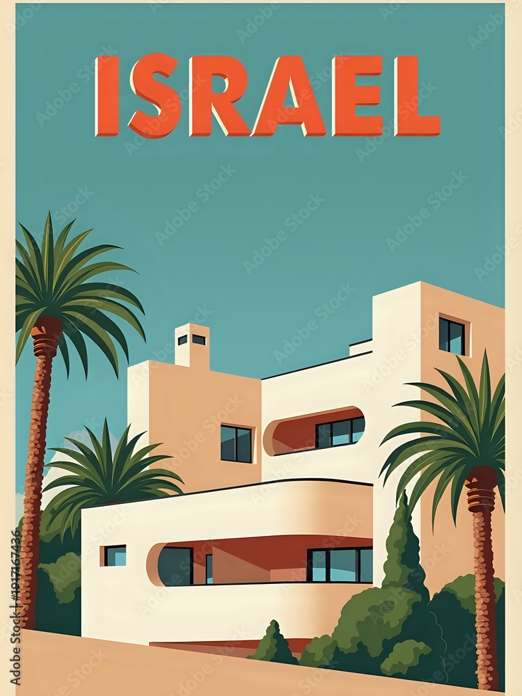 A building in Israel shows a modern design with simple lines. Palm trees surround the structure under a blue sky. This scene highlights an urban space in a warm location.