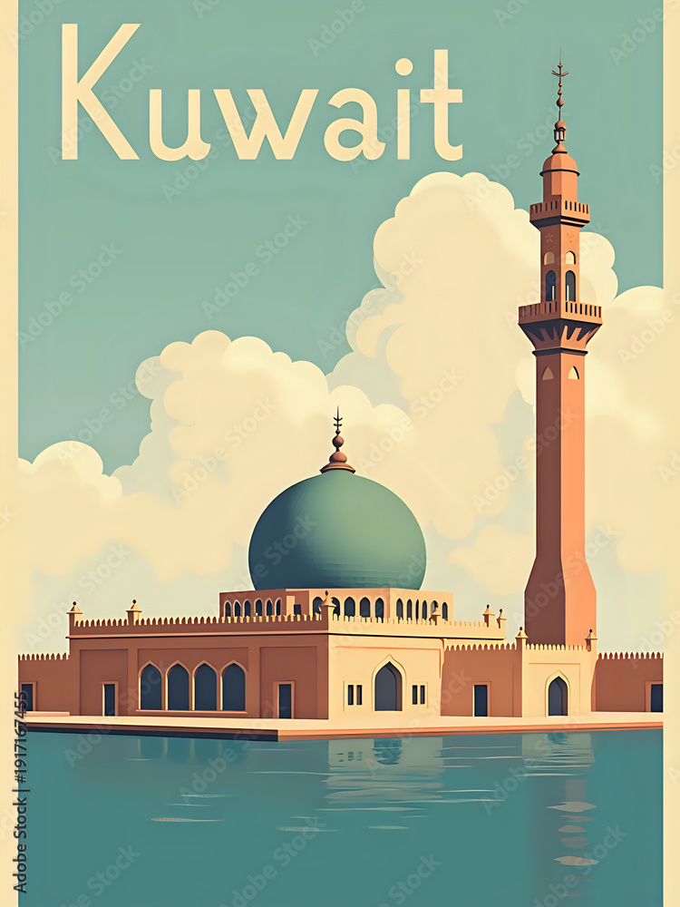A mosque stands near water in Kuwait. The building features a dome and a tall tower. Clouds fill the sky above. The scene shows the reflection of the mosque in the water.