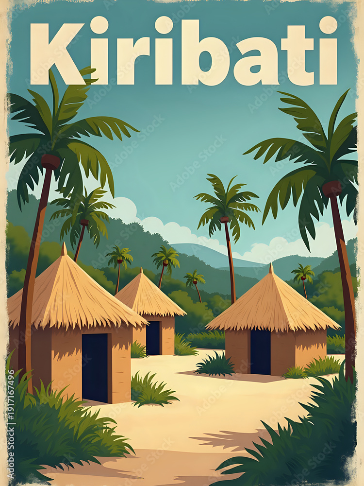 Scene shows traditional huts made of palm leaves and thatch. The huts are surrounded by tall palm trees and green plants. The sky is partly cloudy, and hills are in the background.