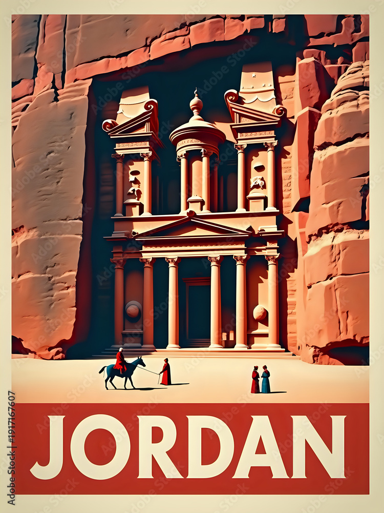 Visitors walk near a historical structure in Jordan. The site is located among tall rock formations. People explore the area on foot and by camel. Bright light shines on the scene.